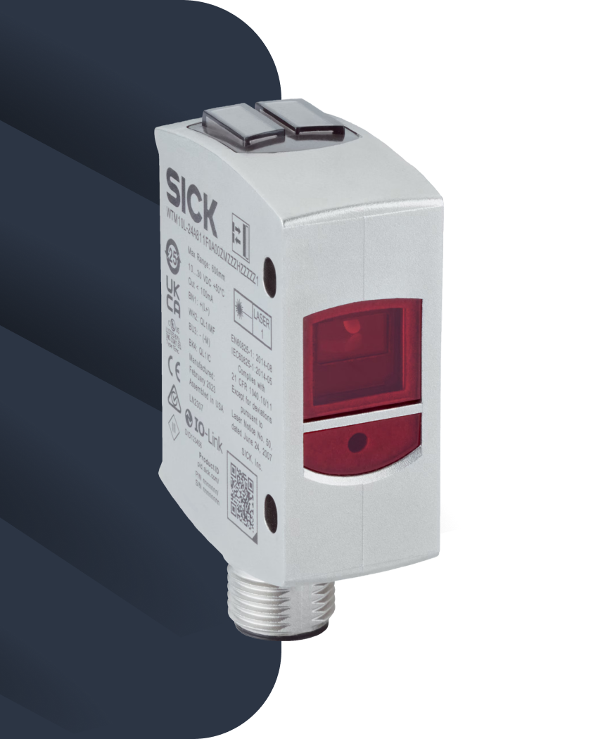 A Sick industrial laser sensor module with a white housing, a red front window, and a threaded metal base, shown on a white background with a dark blue graphic shape behind it.